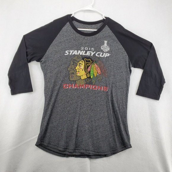 CHICAGO BLACKHAWKS Shirt Men’s 3/4 Sleeve Gray Large 2015 Stanley Cup - Picture 2 of 10